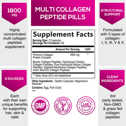 Collagen Peptides Pills 1000Mg Hydrolyzed Collagen Capsules (Types I,II,III,V,X)