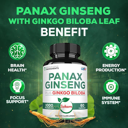 1000Mg Korean Red Panax Ginseng and Ginkgo Biloba Supplement - 60 Vegan Capsules