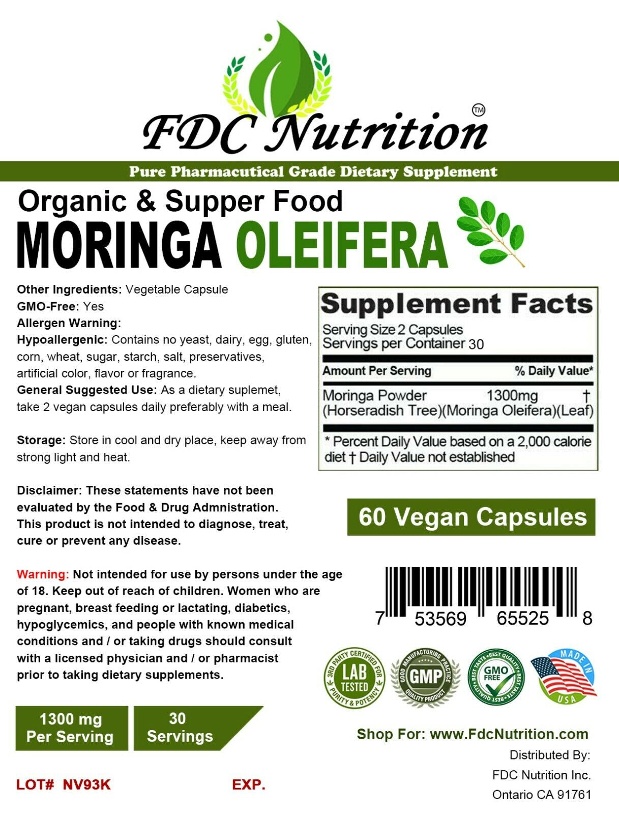 MORINGA OLEIFERA LEAF PILLS 120 CAPSULES NATURAL MULTI VITAMIN 1300 Mg ORGANIC