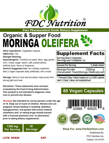 MORINGA OLEIFERA LEAF PILLS 60 CAPSULES NATURAL MULTI VITAMIN 1300 Mg ORGANIC