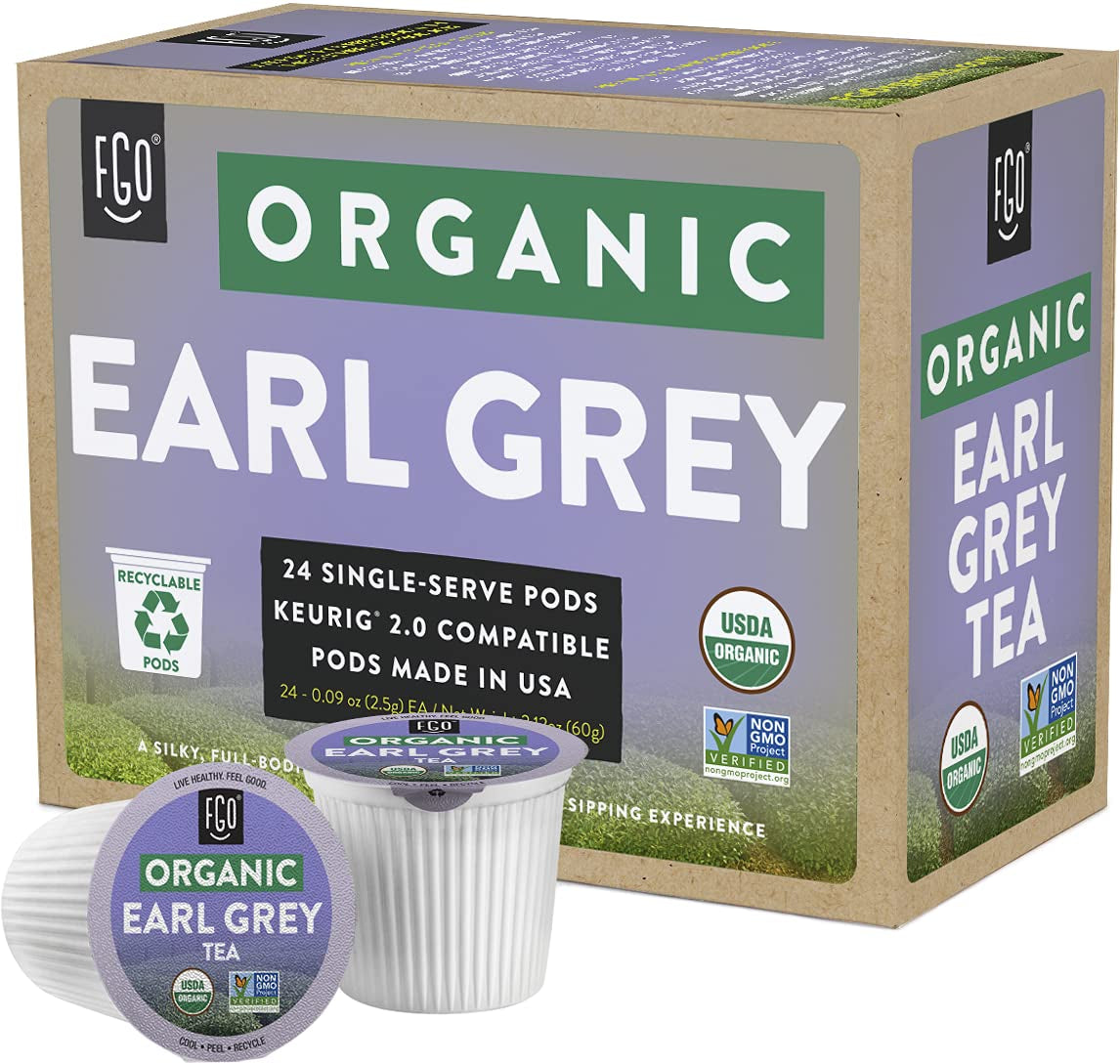 Organic Earl Grey Tea K-Cup Pods, 24 Pods by FGO - Keurig Compatible - Naturally