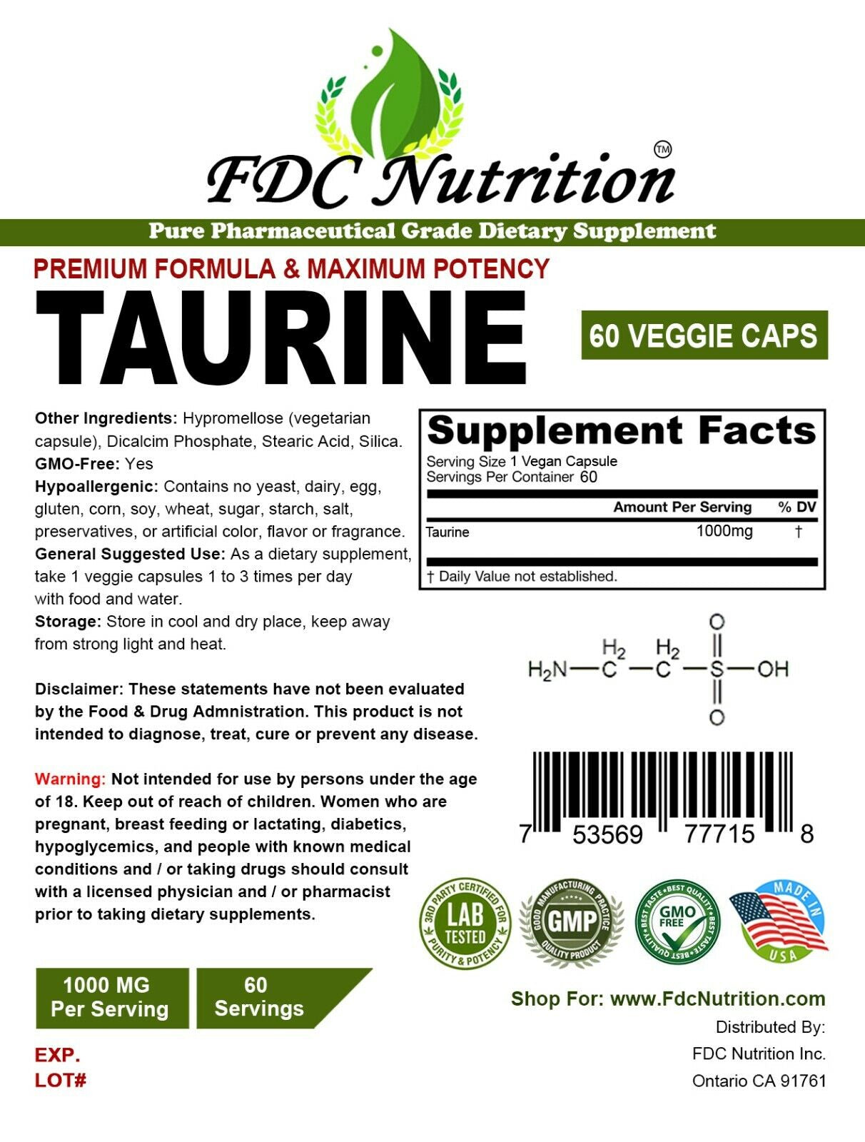 Taurine 1000Mg, 60 Vegan Capsules - Gluten Free & Non-Gmo