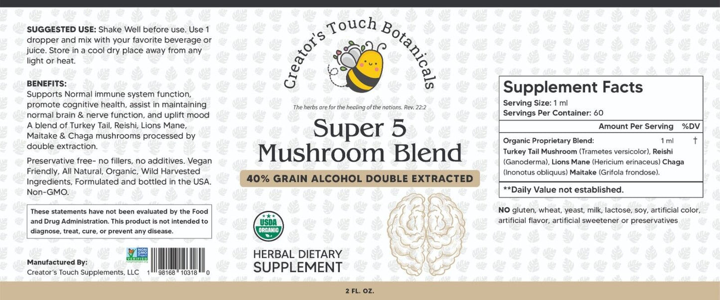 Super 5 Mushroom Blend, Turkey Tail, Reishi, Lions Mane, Chaga, Maitake 1 or 2Oz