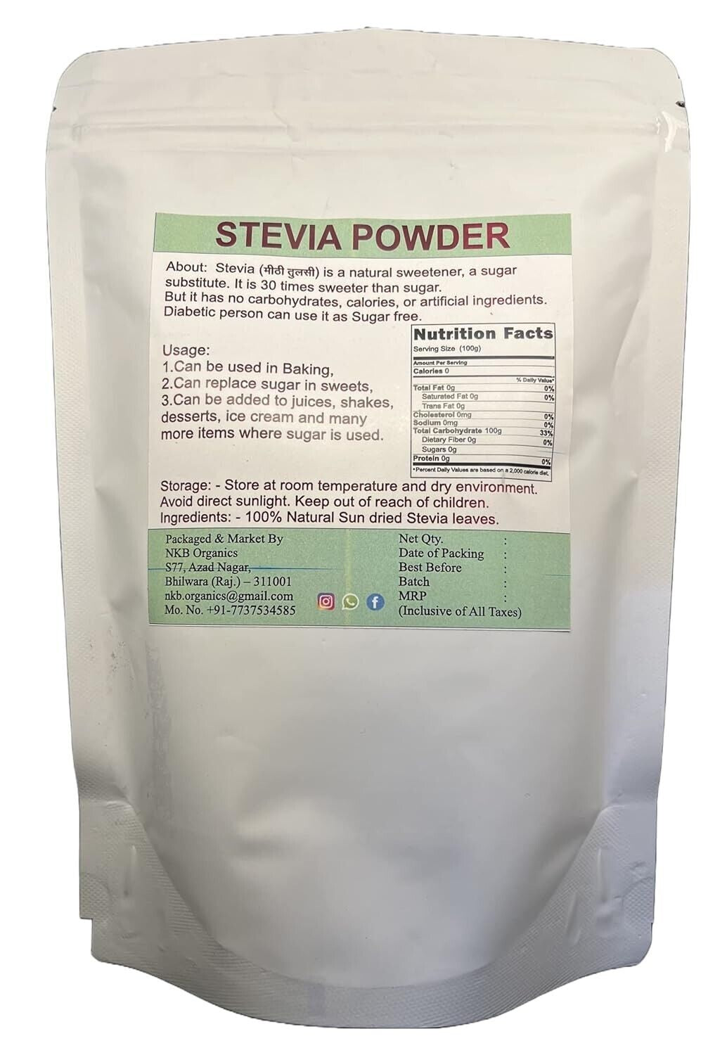 Organic & Natural Stevia Leaf Powder Sweetener Weight Management 250 G Pack of 2