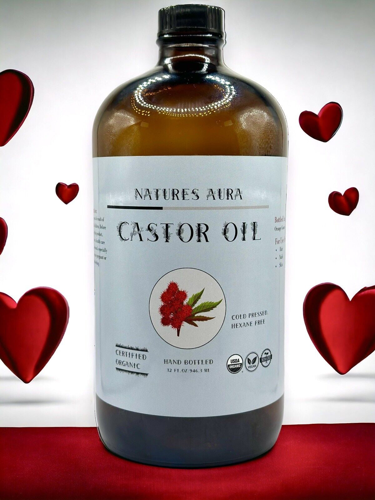 Natures Aura Organic Castor Oil - Glass (32 Oz) | Cold Pressed, Hexane Free