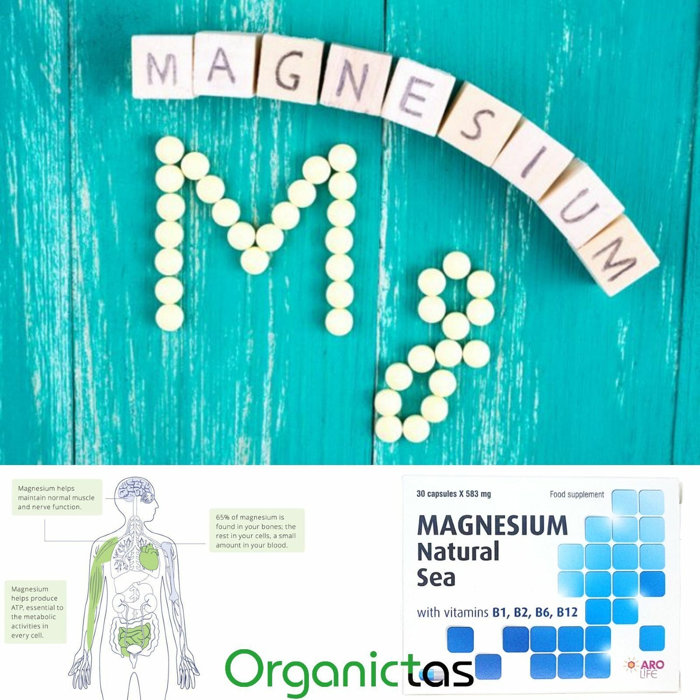 Natural MARINE MAGNESIUM 583Mg + VITAMIN B1, B2, B6, B12, 30* Capsules 1M Supply