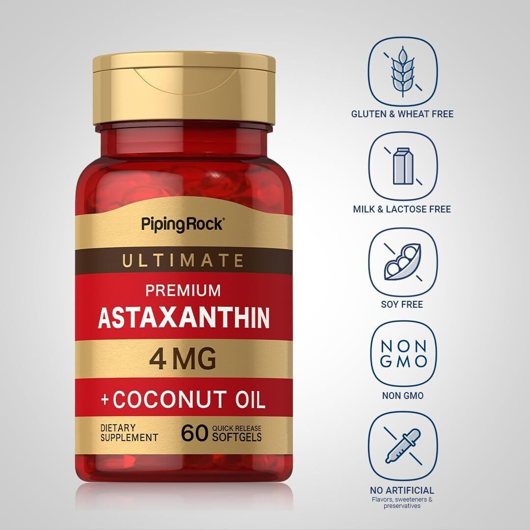 Piping Rock Astaxanthin 4Mg | 60 Softgels | with Coconut Oil | Algae Extract...