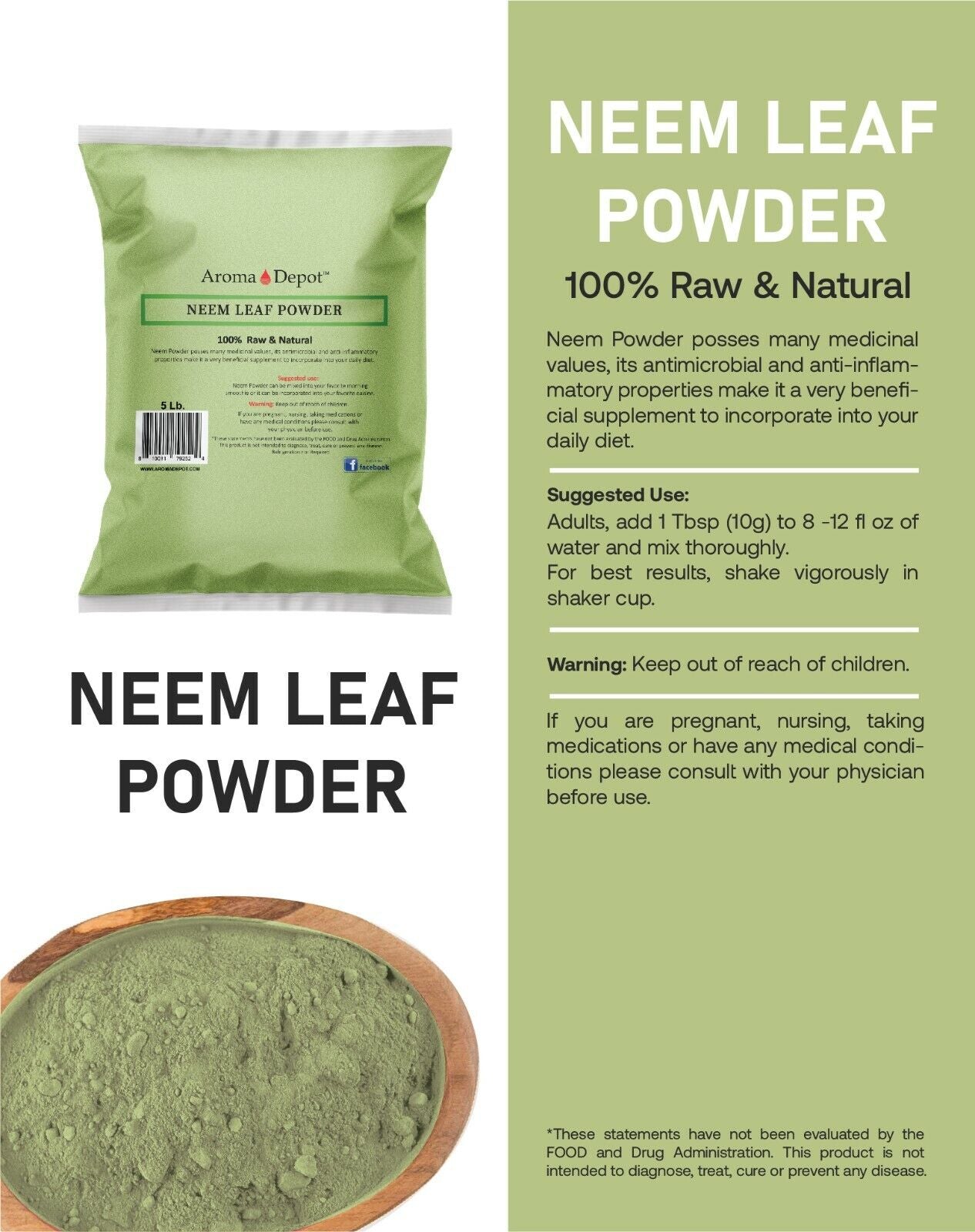 Neem Powder Dried Leaf 100% Pure & Natural Raw Vegan (Azadirachta Indica)