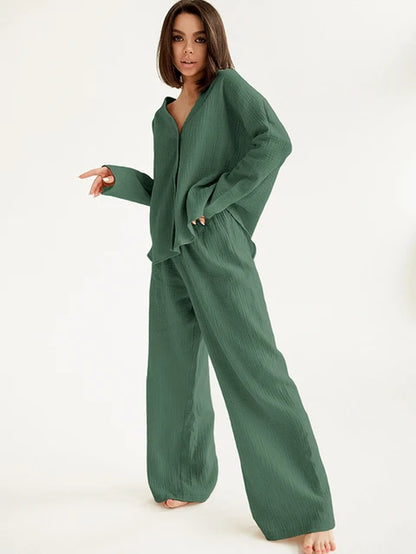 Khaki Pure Cotton Sleepwear V Neck Single Breasted Wide Leg Pants Trouser Suits Drop Sleeves Set Woman 2 Pieces Loungewear