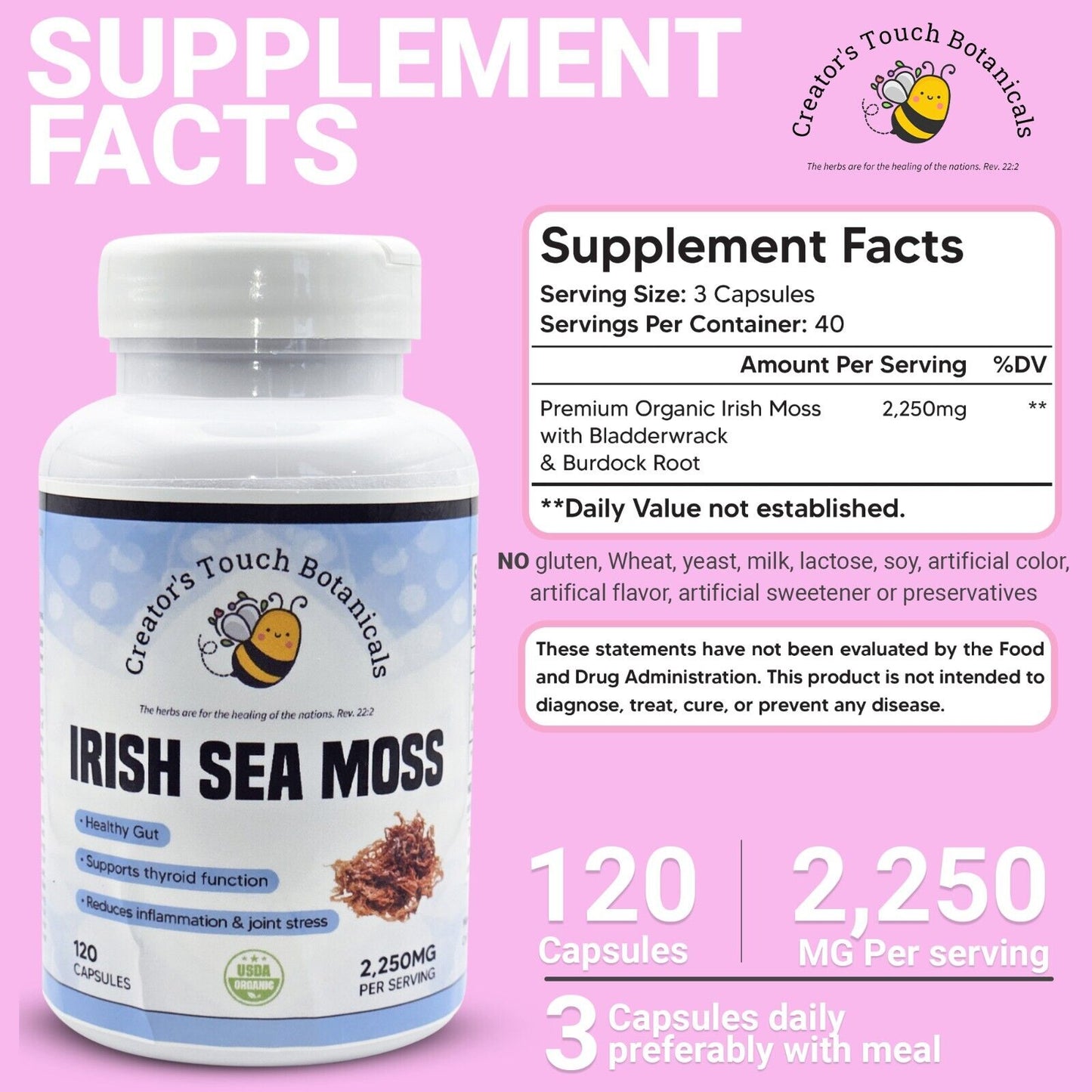 Premium Sea Moss Capsules, Organic, 120 Caps. 2,250Mg 92 Nutrients & Minerals