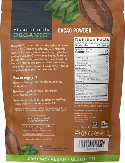 Viva Naturals Organic Cacao Powder, 1Lb - Unsweetened Cacao Powder with Rich Dar