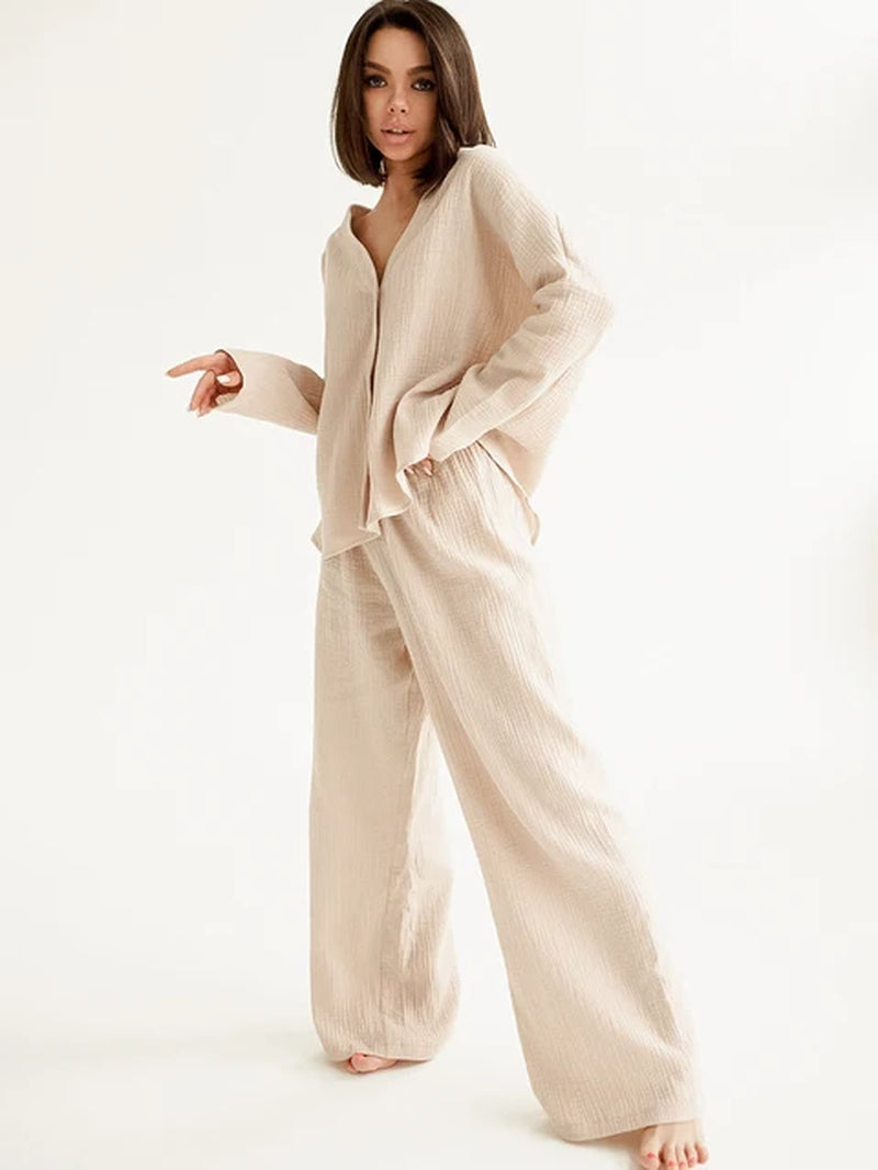 Khaki Pure Cotton Sleepwear V Neck Single Breasted Wide Leg Pants Trouser Suits Drop Sleeves Set Woman 2 Pieces Loungewear