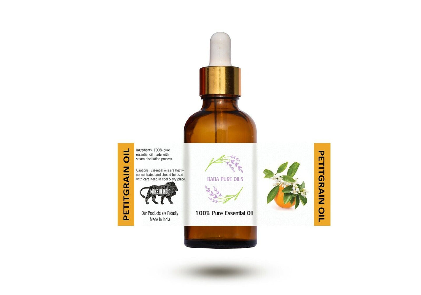 PETITGRAIN PURE NATURAL OIL PURE ORGANIC in DROPPER AMBER BOTTLE from INDIA