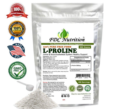 L-Proline Powder 500G (1.1Lb) USP Pharmaceutical 100% Pure by FDC Nutrition