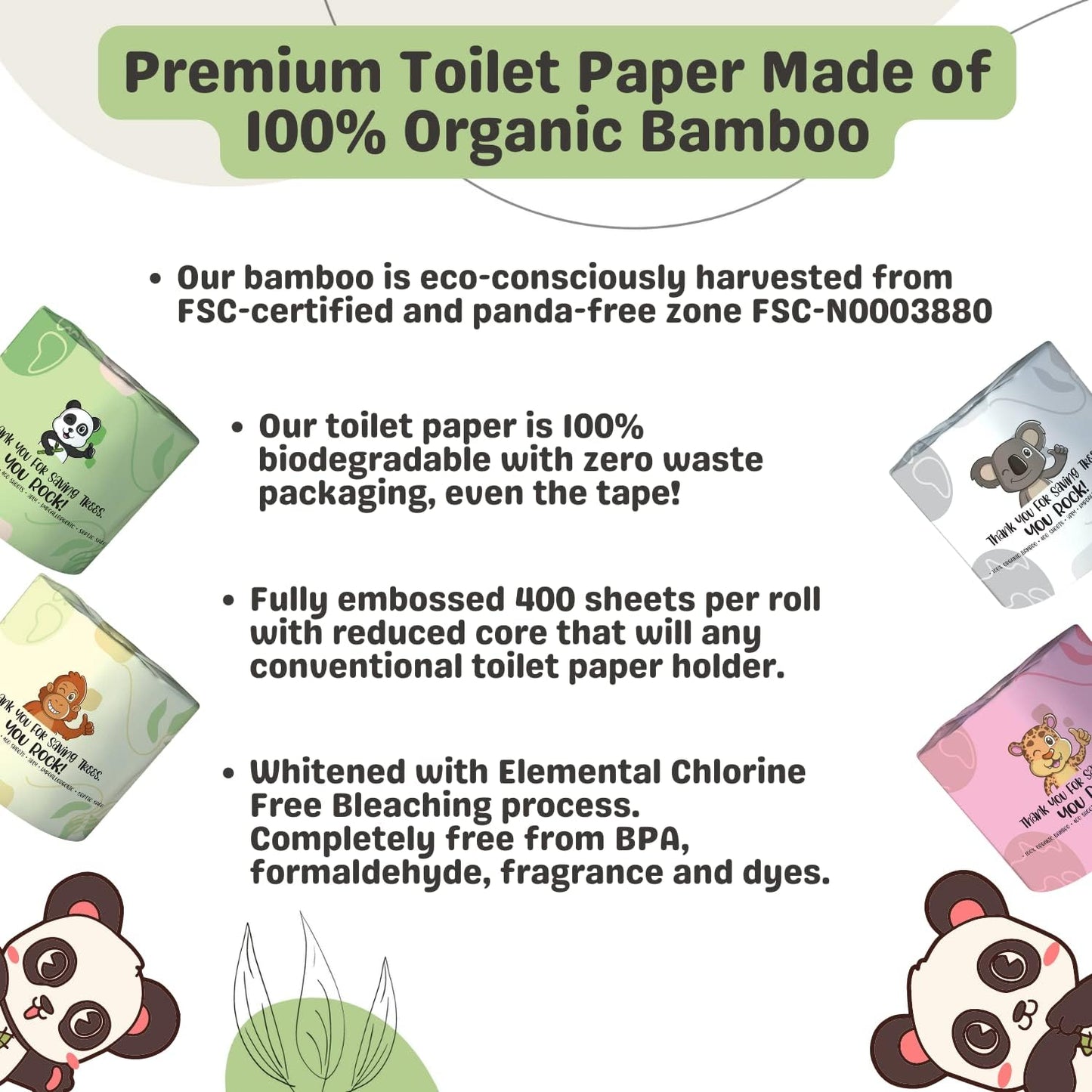 Organic Bamboo Toilet Paper | 400 Sheets 3-Ply | 12 Hypoallergenic Mega Rolls | BPA Bleach free