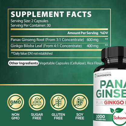 1000Mg Korean Red Panax Ginseng and Ginkgo Biloba Supplement - 60 Vegan Capsules