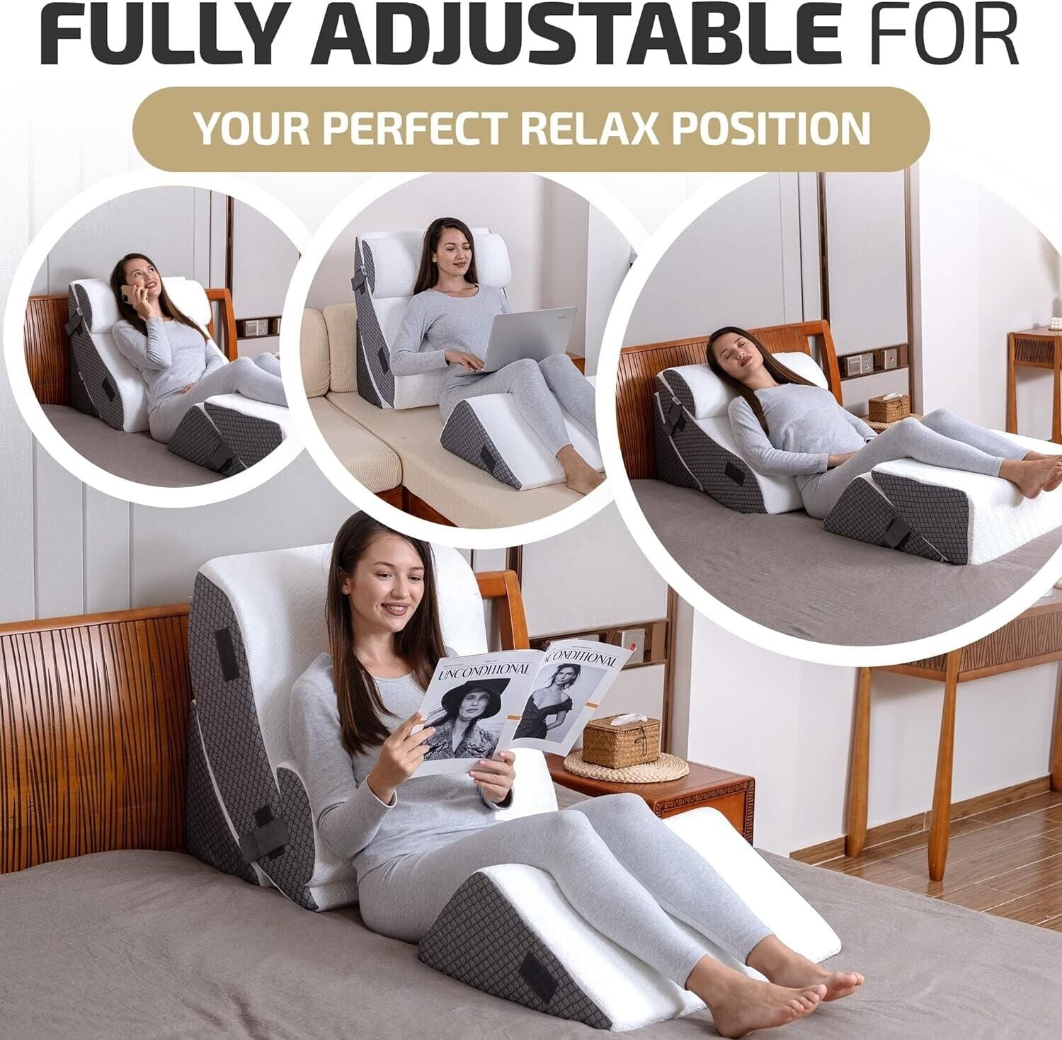 Adjustable Bed Wedge System with Cooling Fabric - Pain-Relief Orthopedic Support