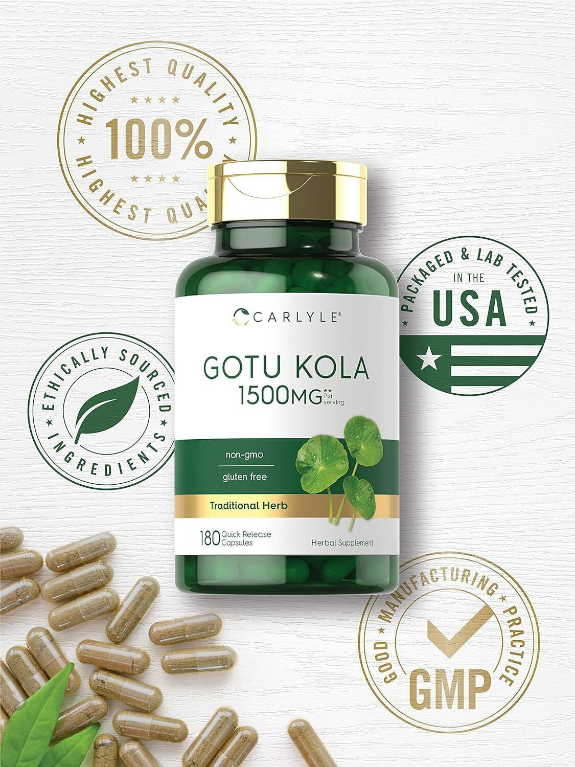 Gotu Kola Capsules 1500Mg | 180 Count | Non-Gmo, Gluten Free | Traditional Herb