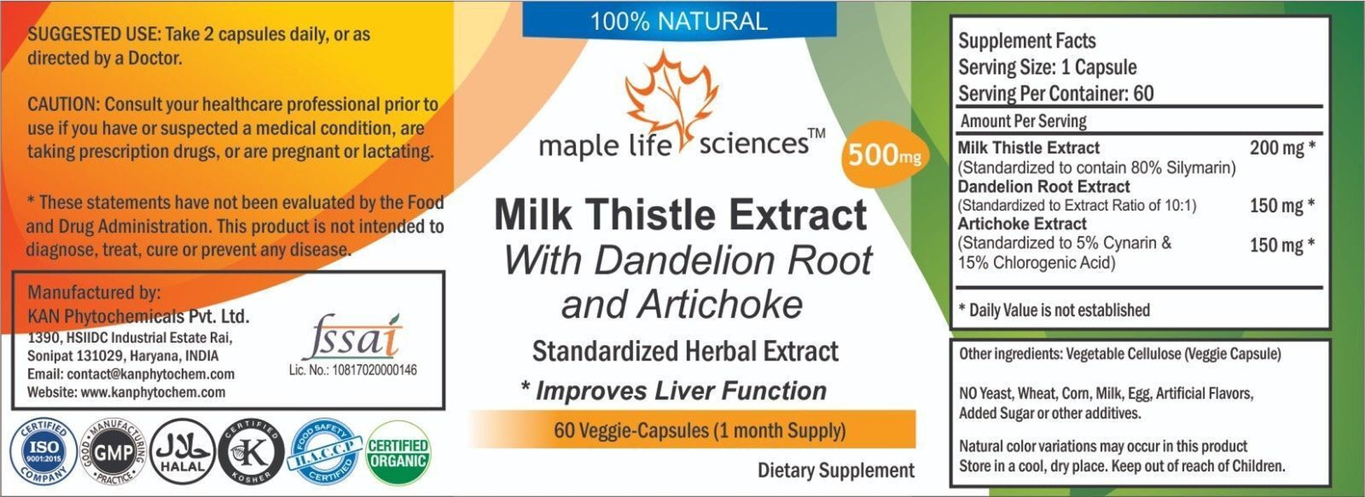 Milk Thistle (Silymarin) Dandelion Root Artichoke Capsules for Liver Detox