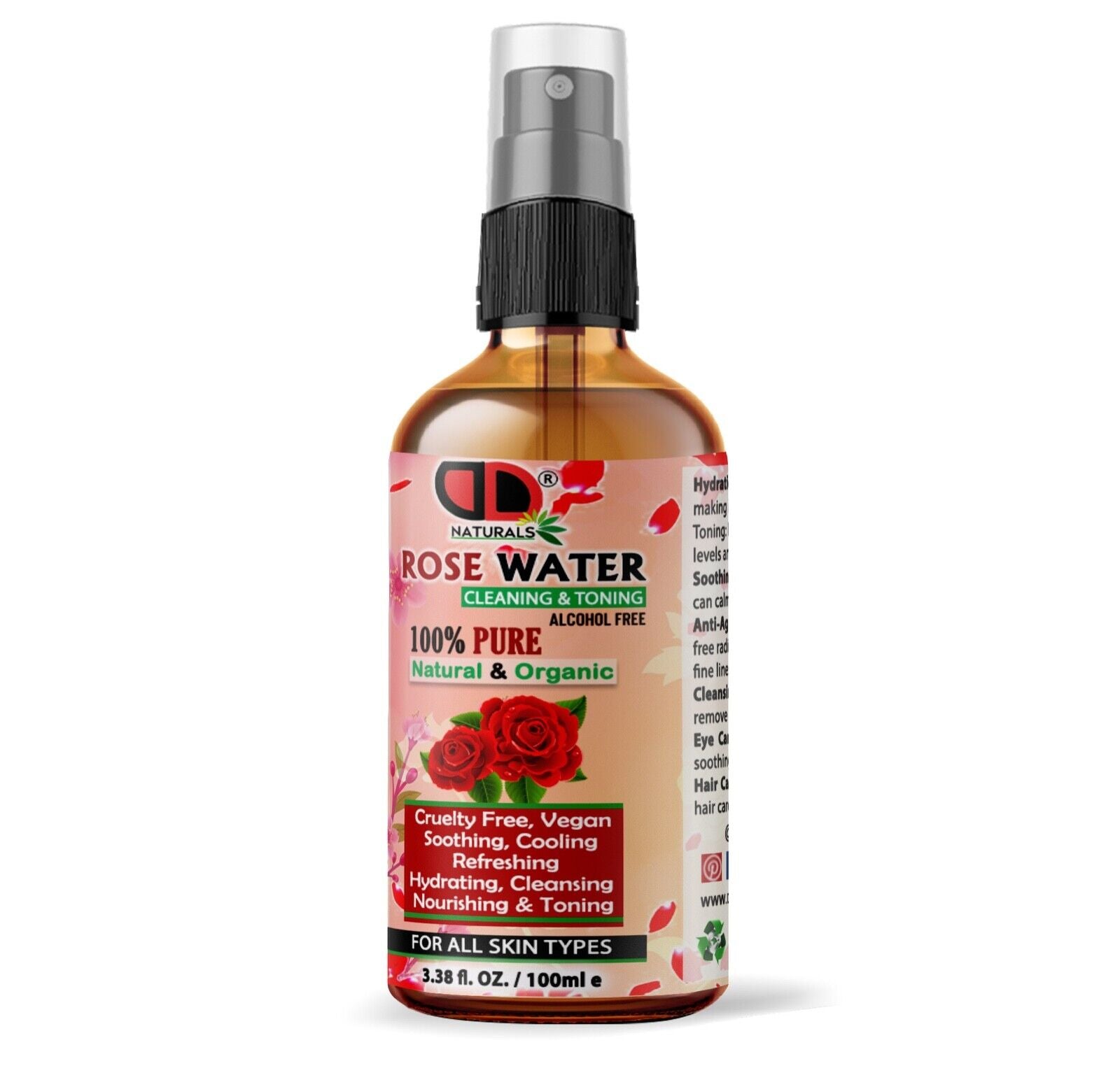 100% Pure Natural Organic Rose Water Toner Cleanser, Moisturiser for Fresh Face