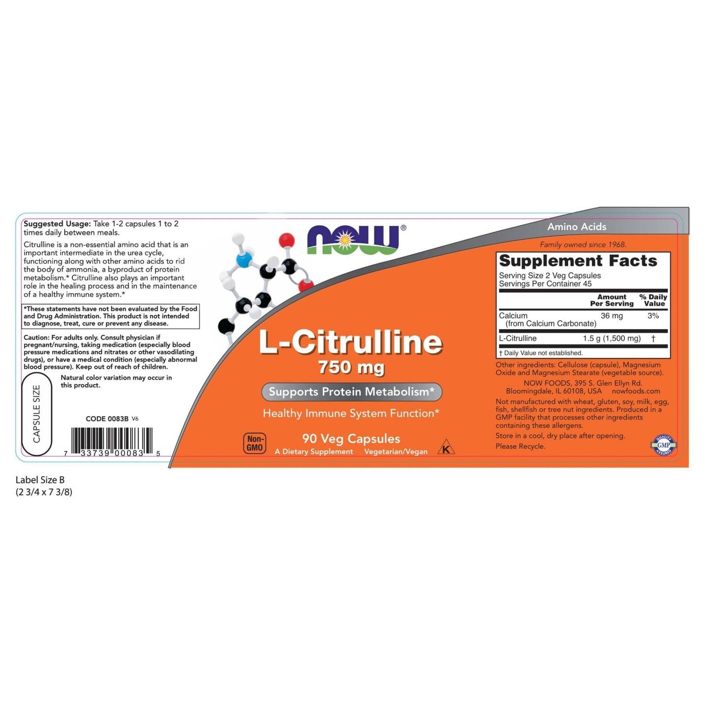 NOW Foods L-Citrulline 750 Mg, 90 Veg Capsules