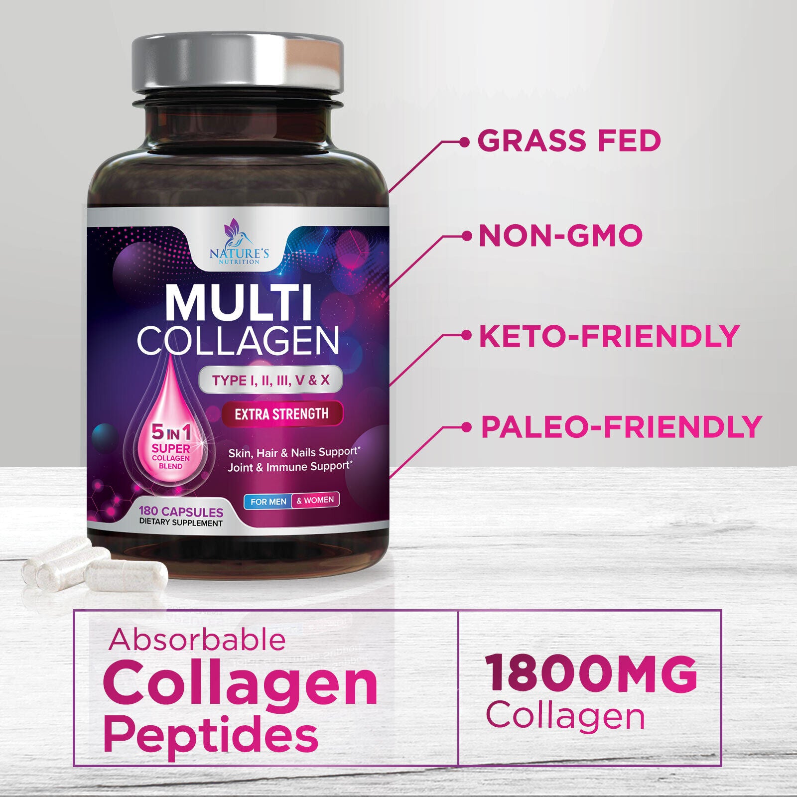 Collagen Peptides Pills 1000Mg Hydrolyzed Collagen Capsules (Types I,II,III,V,X)