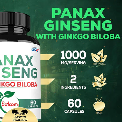 1000Mg Korean Red Panax Ginseng and Ginkgo Biloba Supplement - 60 Vegan Capsules