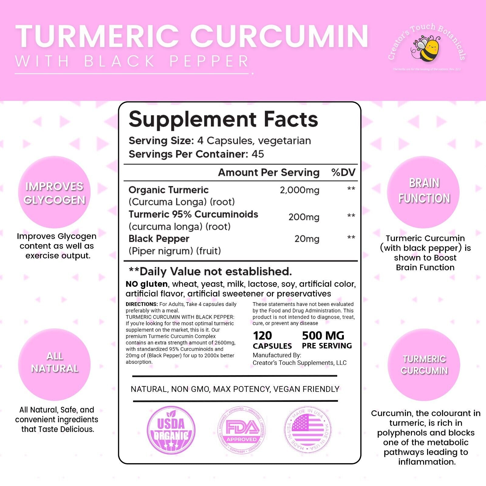 Turmeric Curcumin, 120 Caps with Black Pepper, anti Inflammation, Vitamin C & B6