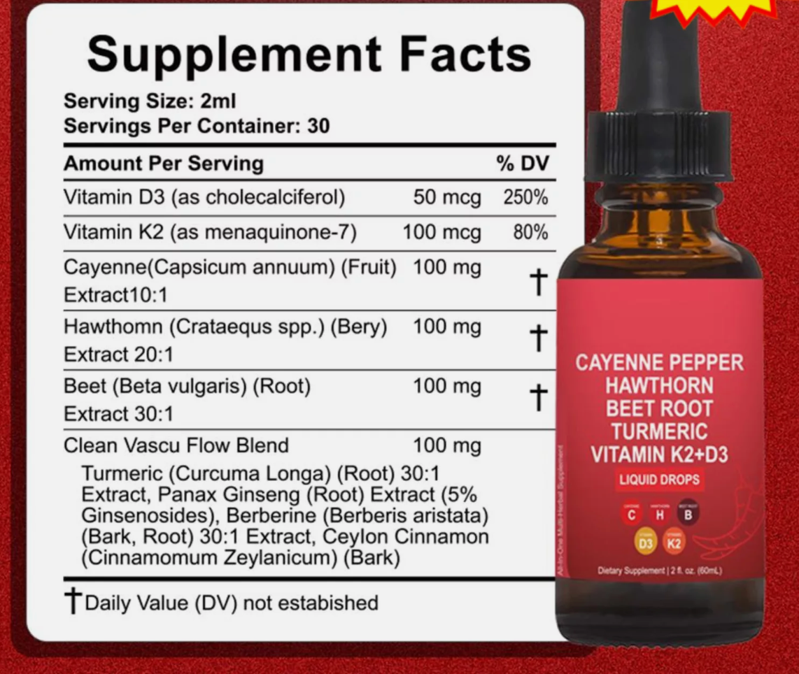 Cayenne Pepper Supplement Liquid Drops + Hawthorn Berry, Vitamin D3 K2