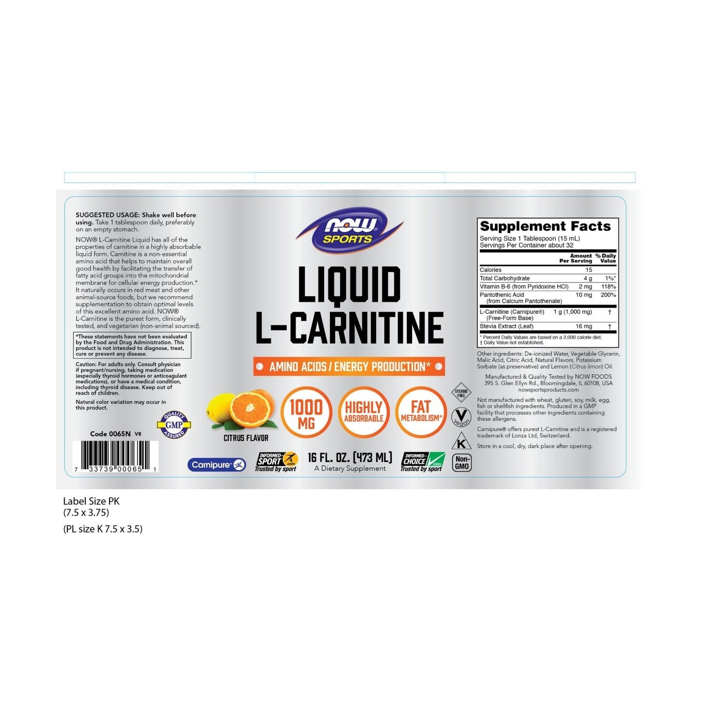 NOW Foods Líquido Cítrico L-Carnitina, 1000 Mg, 16 Fl Oz