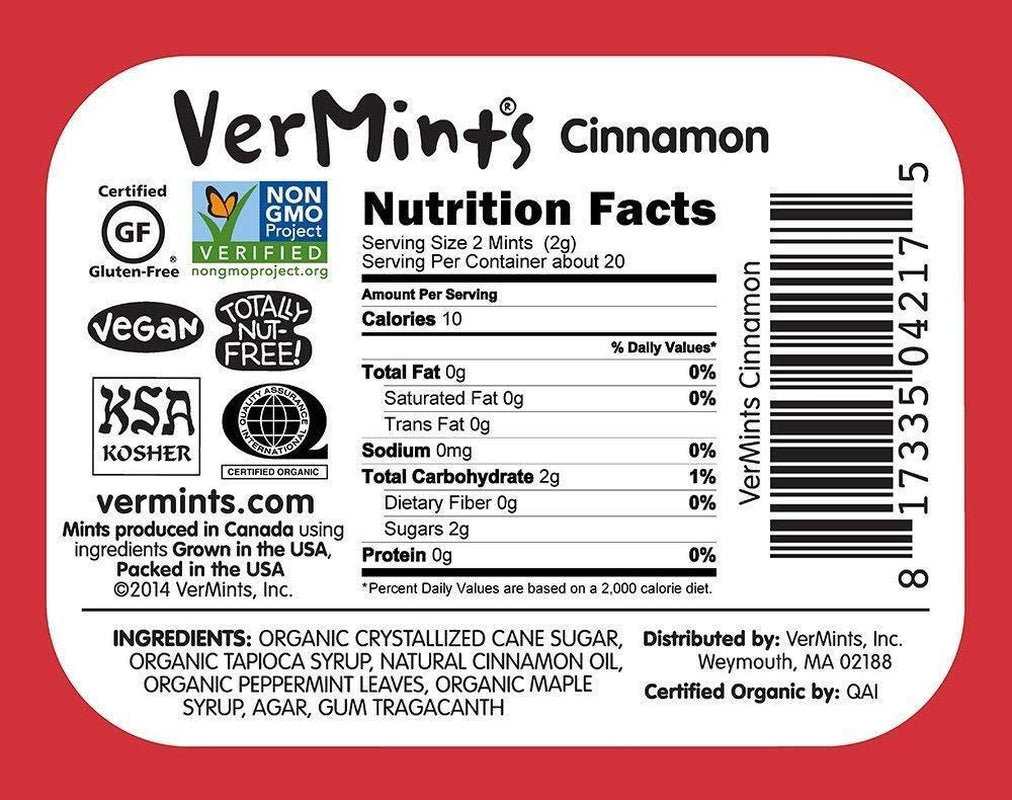 Vermints Organic Cinnamon Mints, 1.41Oz Tins (Pack of 6)