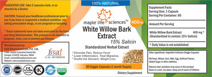 White Willow Bark Extract Capsules 15% Salicin Relief Joint and Muscles Pain