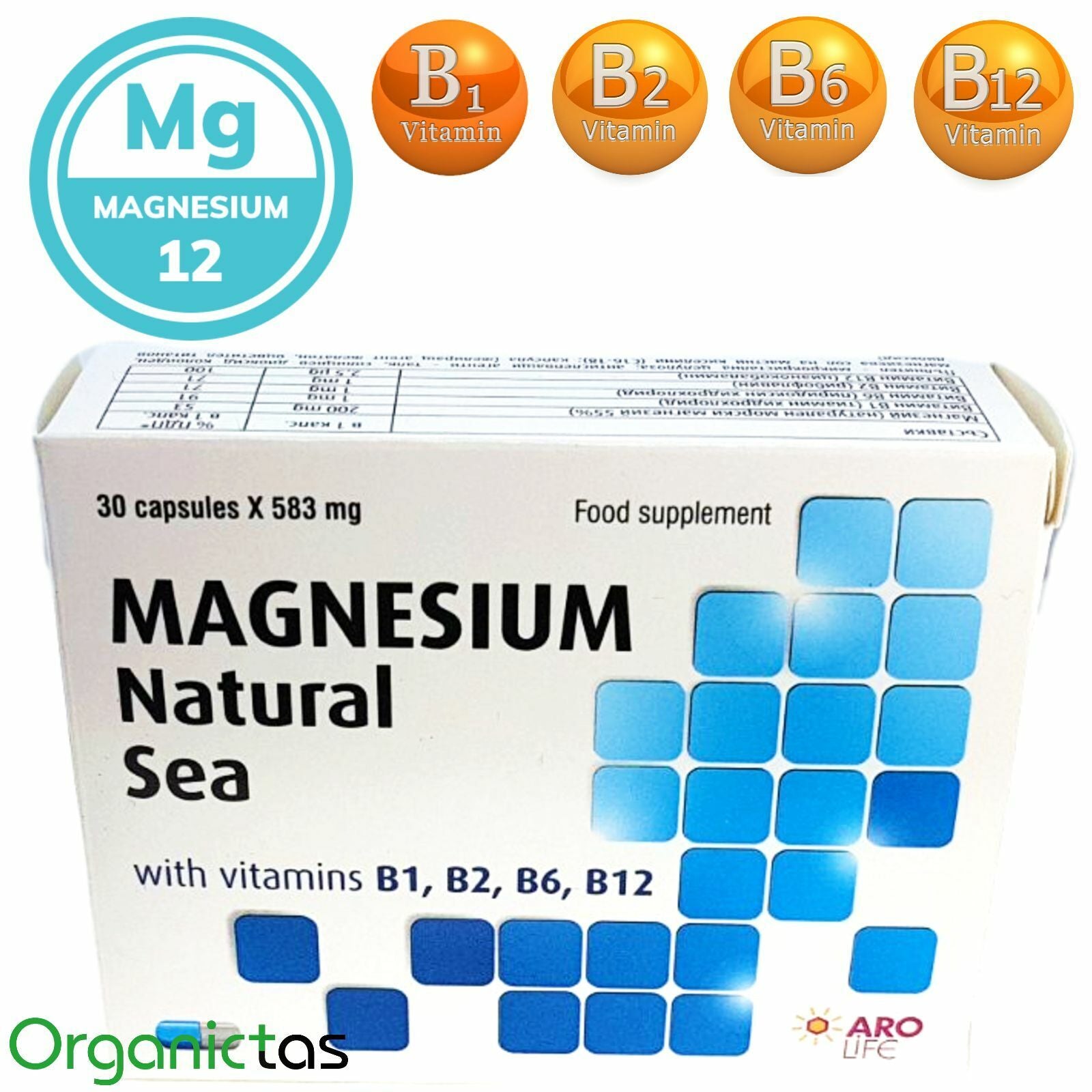 Natural MARINE MAGNESIUM 583Mg + VITAMIN B1, B2, B6, B12, 30* Capsules 1M Supply