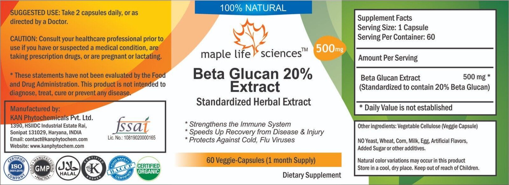 Beta Glucan 20% Extract Capsules Pure & High Quality NO FILLERS