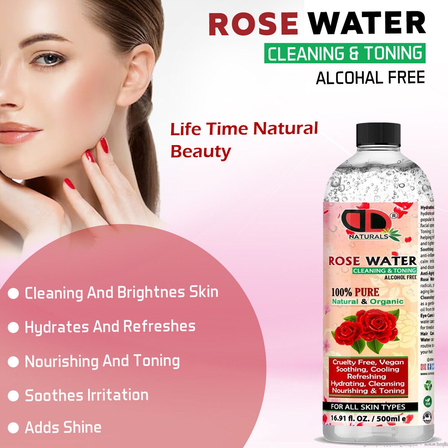 100% Pure Natural Organic Rose Water Toner Cleanser, Moisturiser for Fresh Face