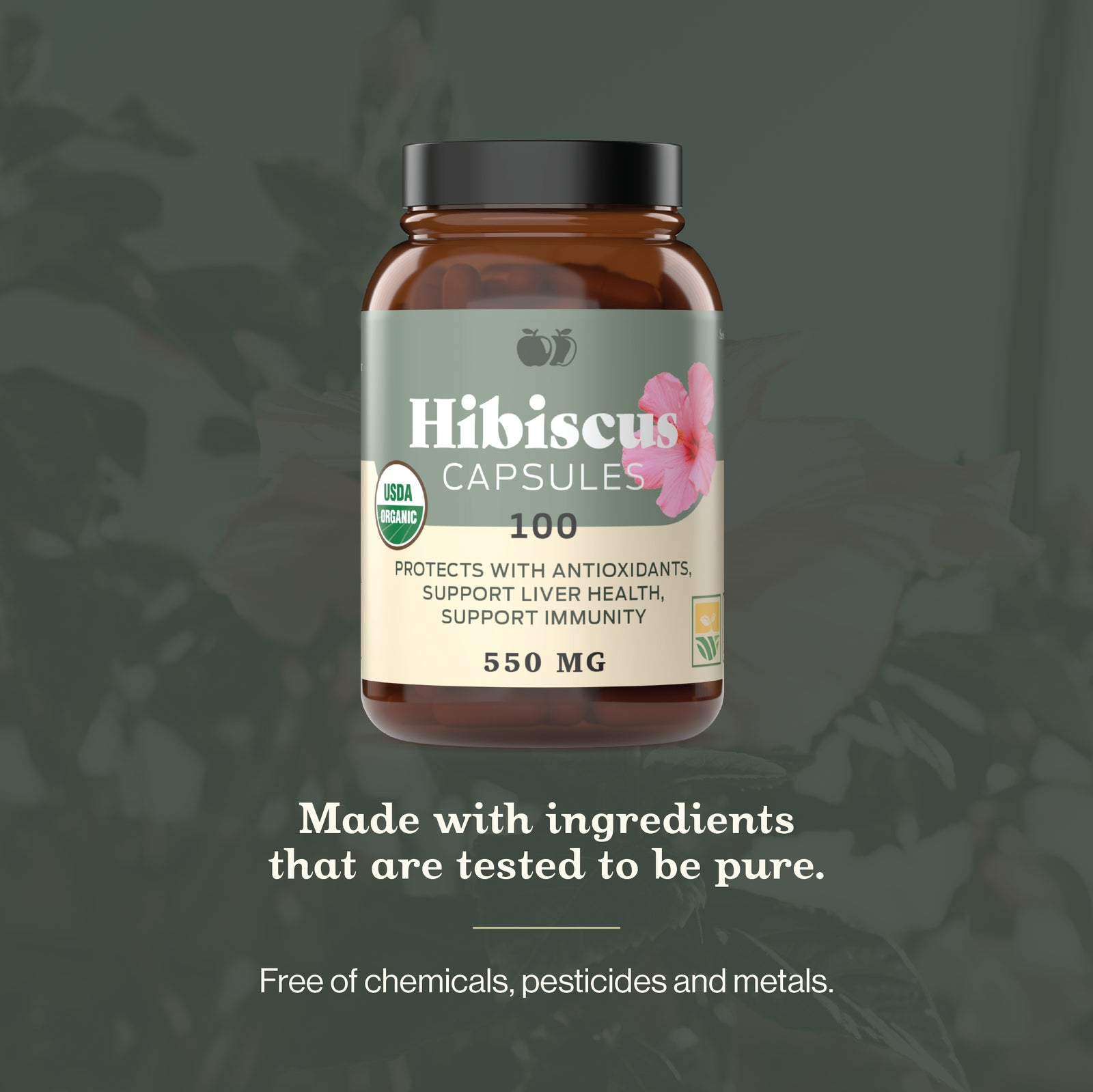 Organic Hibiscus Capsules - 100 Count, 550Mg, Antioxidant & Herbal Hibiscus