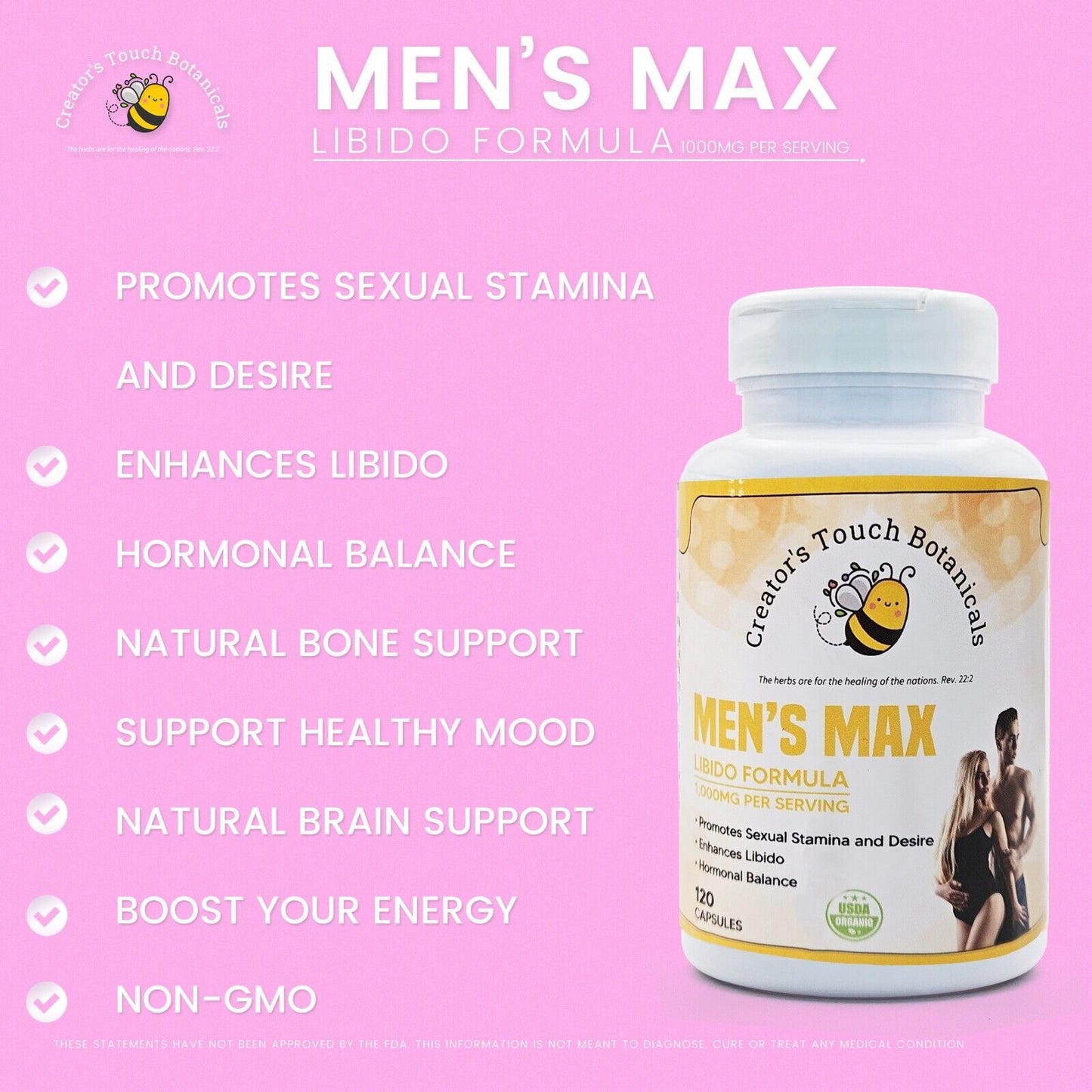 Men'S Max Capsules 120 Caps, Organic, Sexual Stamina, Testosterone Boost, Libido