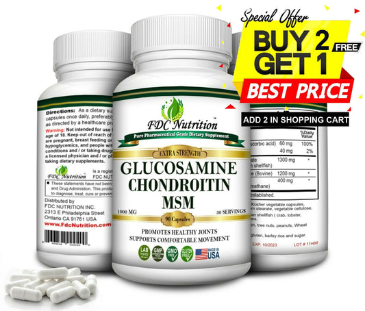 FDC Nutrition Glucosamine Hyaluronic Acid Chondroitin MSM Vegan 90 Capsules