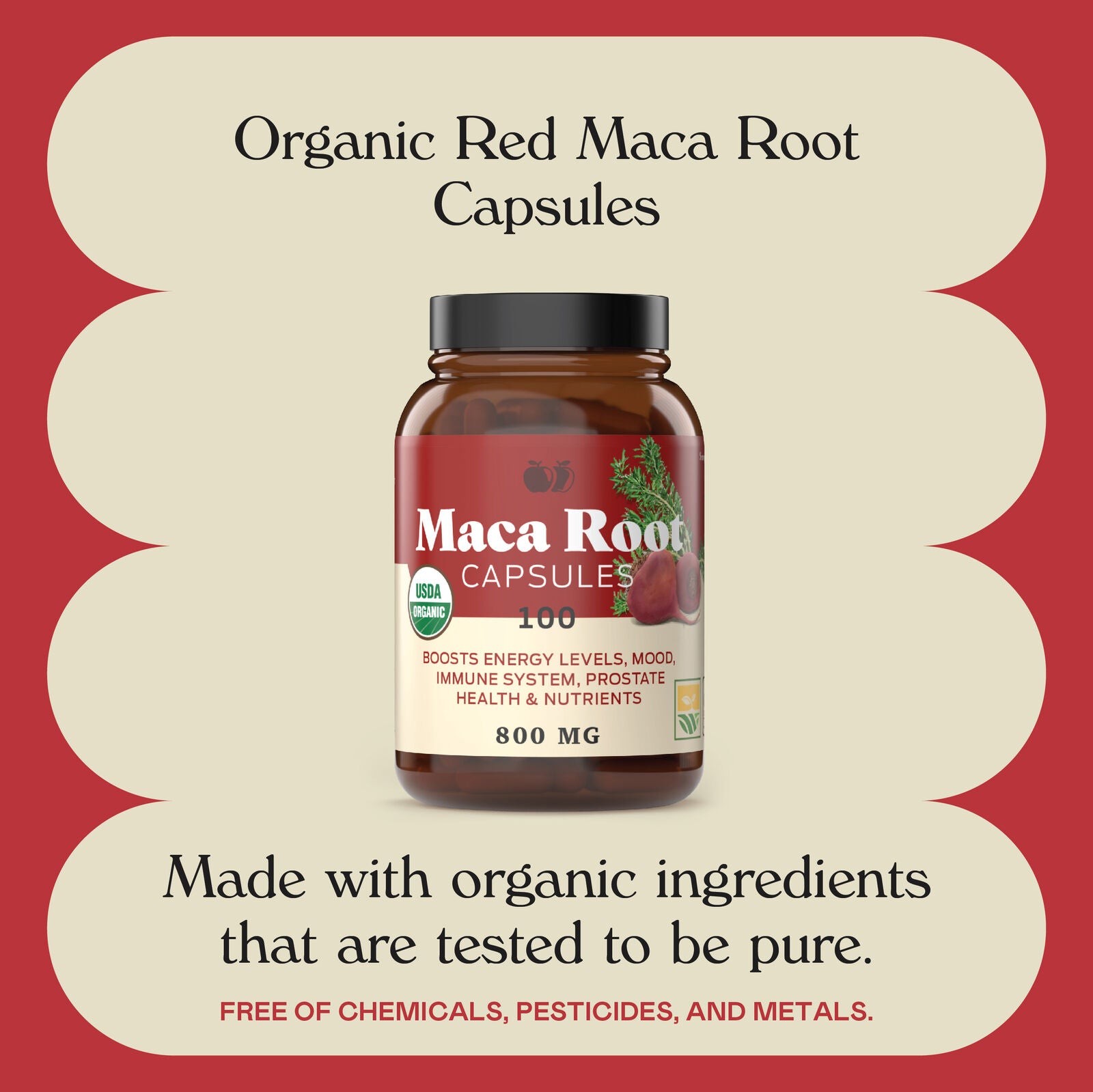 Organic Red Maca Root Capsules - 800Mg 100 Gelatinized Pills, Pure Red Raw Maca