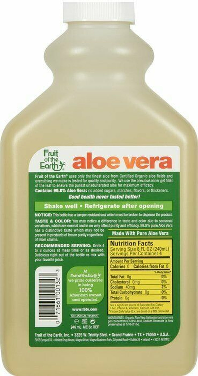 Fruit of the Earth Aloe Vera Juice 100% Hand Cultivated Inner Gel Fillet 32Oz