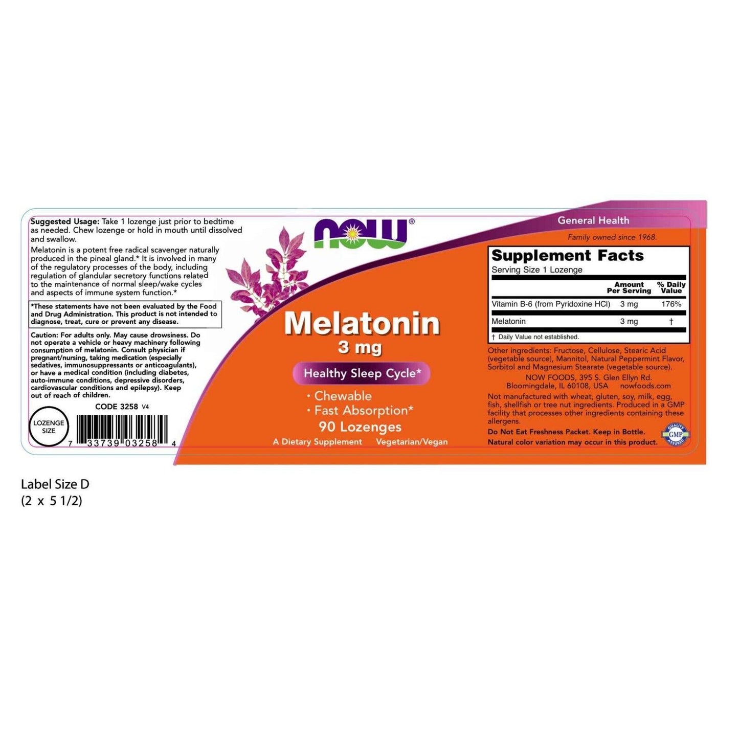 NOW Foods Melatonin, 3 Mg, 90 Lozenges