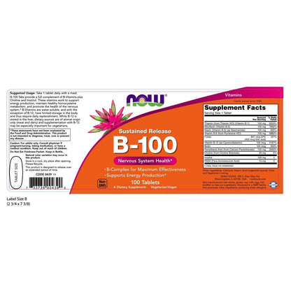 NOW Foods Vitamina B-100 Liberación Sostenida, 100 Tabletas