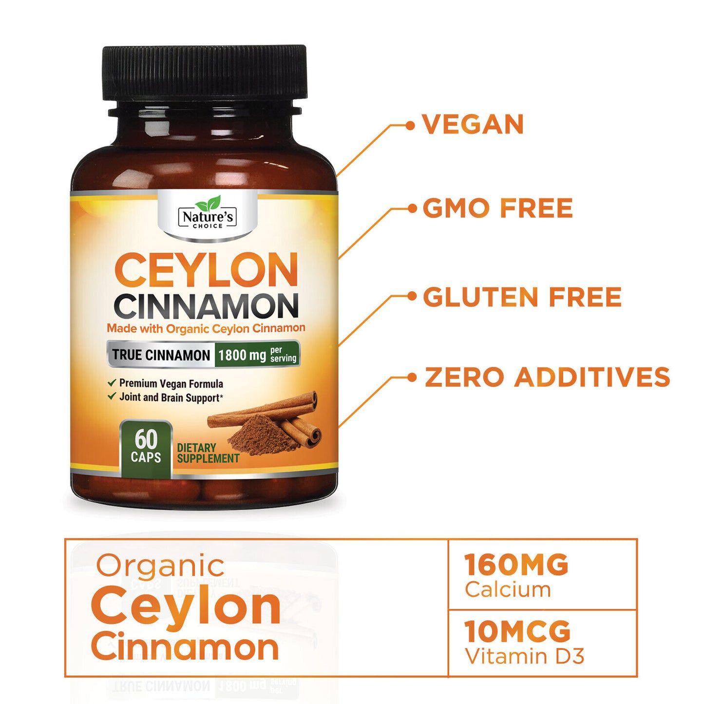 Organic Ceylon Cinnamon Capsules 1800Mg Highest Potency Blood Sugar Support