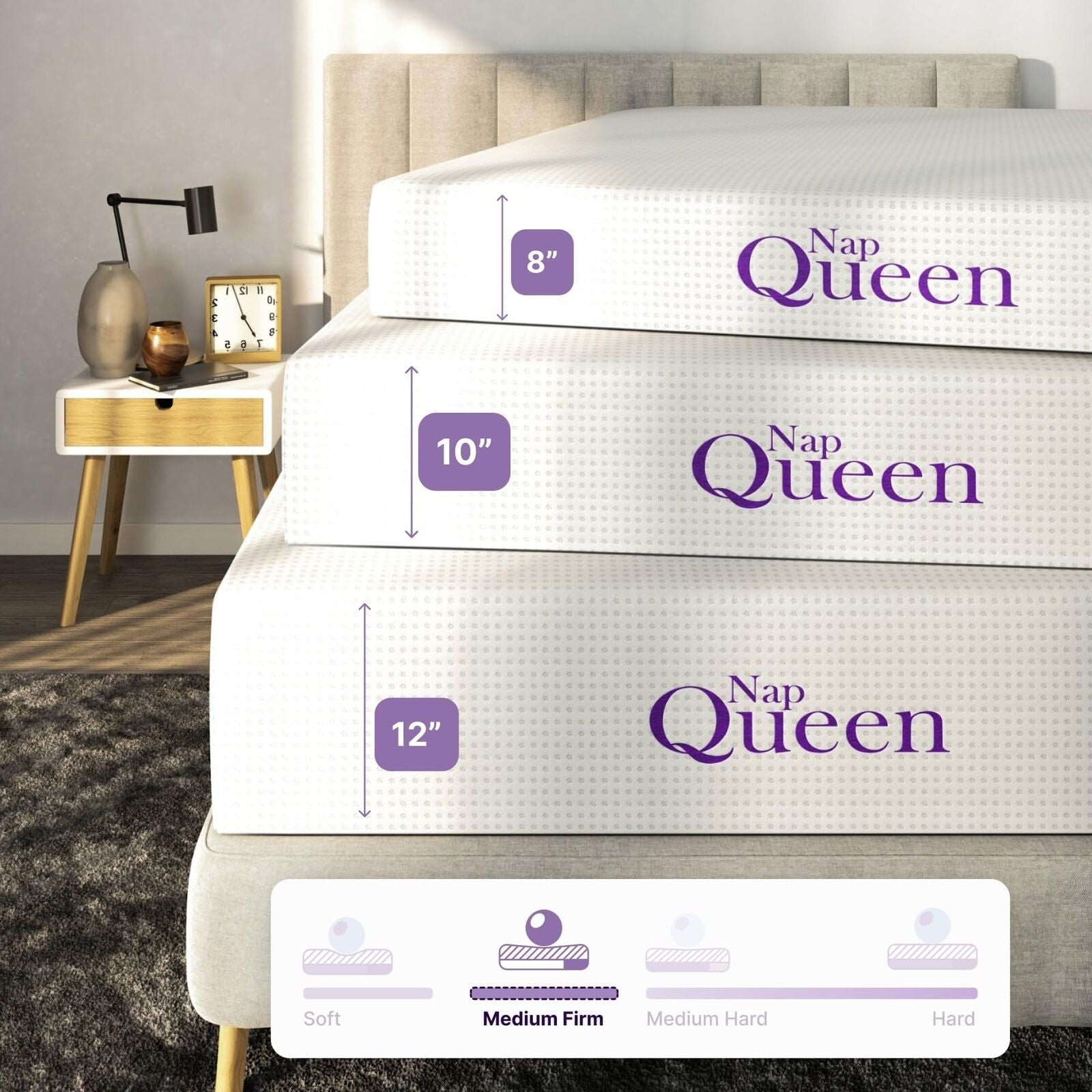 Napqueen 10 Inch Bamboo Charcoal Queen Size Medium Firm Memory Foam Mattress, Be