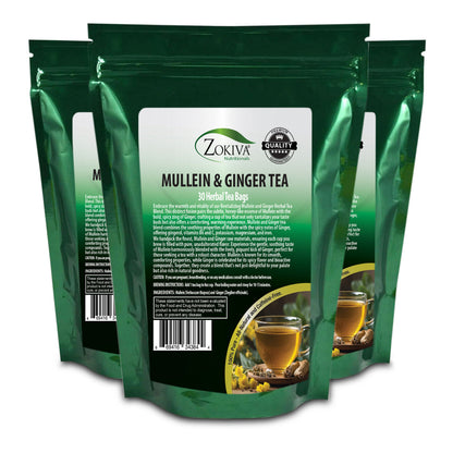 Mullein & Ginger Tea Bags 3-Pack (30) Soothing & Nutritious by Zokiva