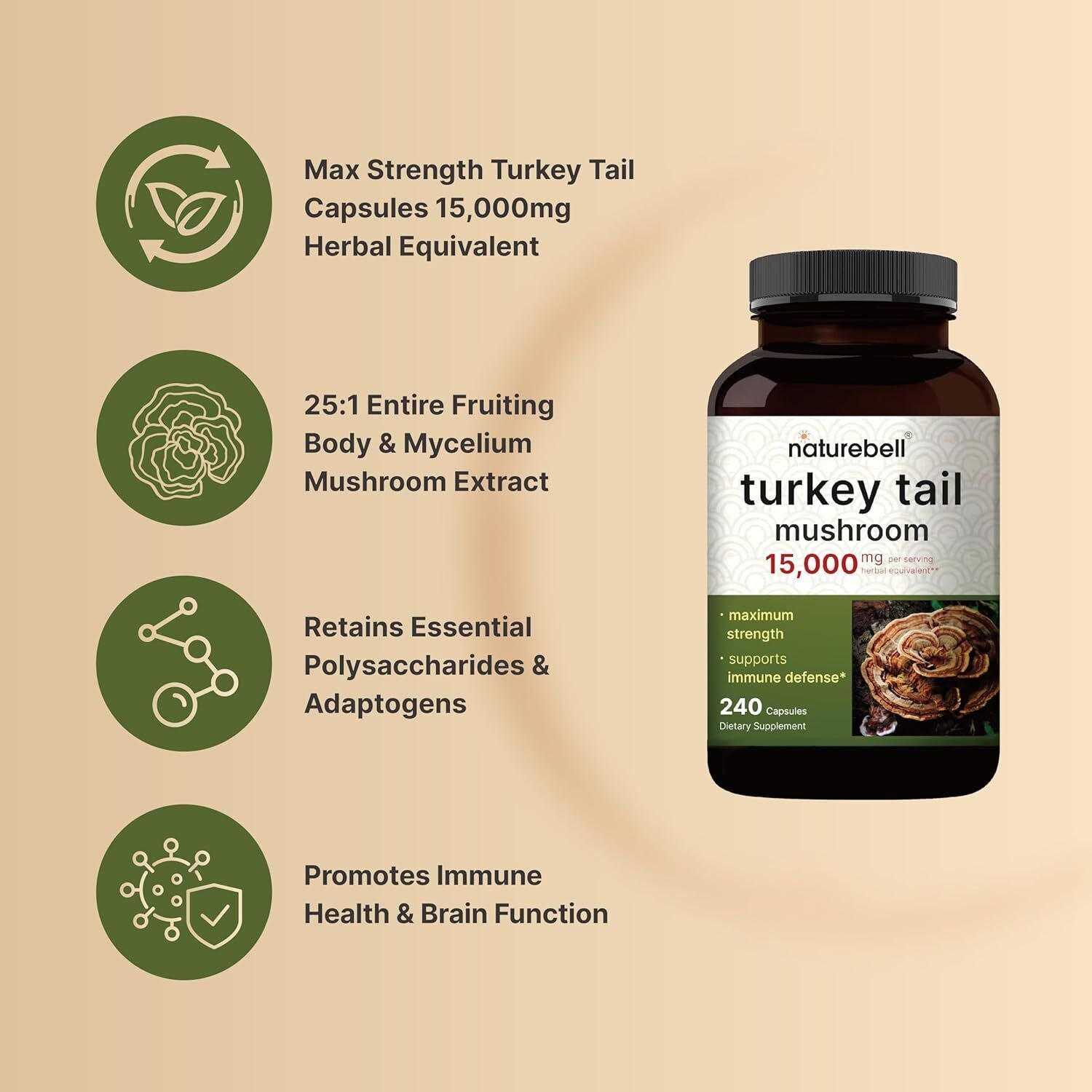 Naturebell Turkey Tail Mushroom Capsules 15,000Mg per Serving, 240 Count | 25:1