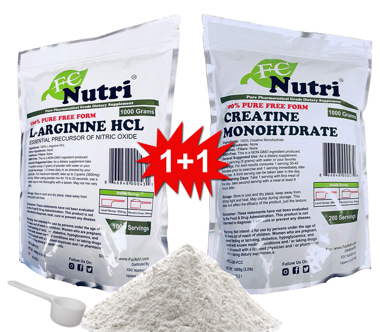 Creatine Monohydrate + Arginine HCL 100% Pure Powder 1000G (2.2 Lb) Micronized