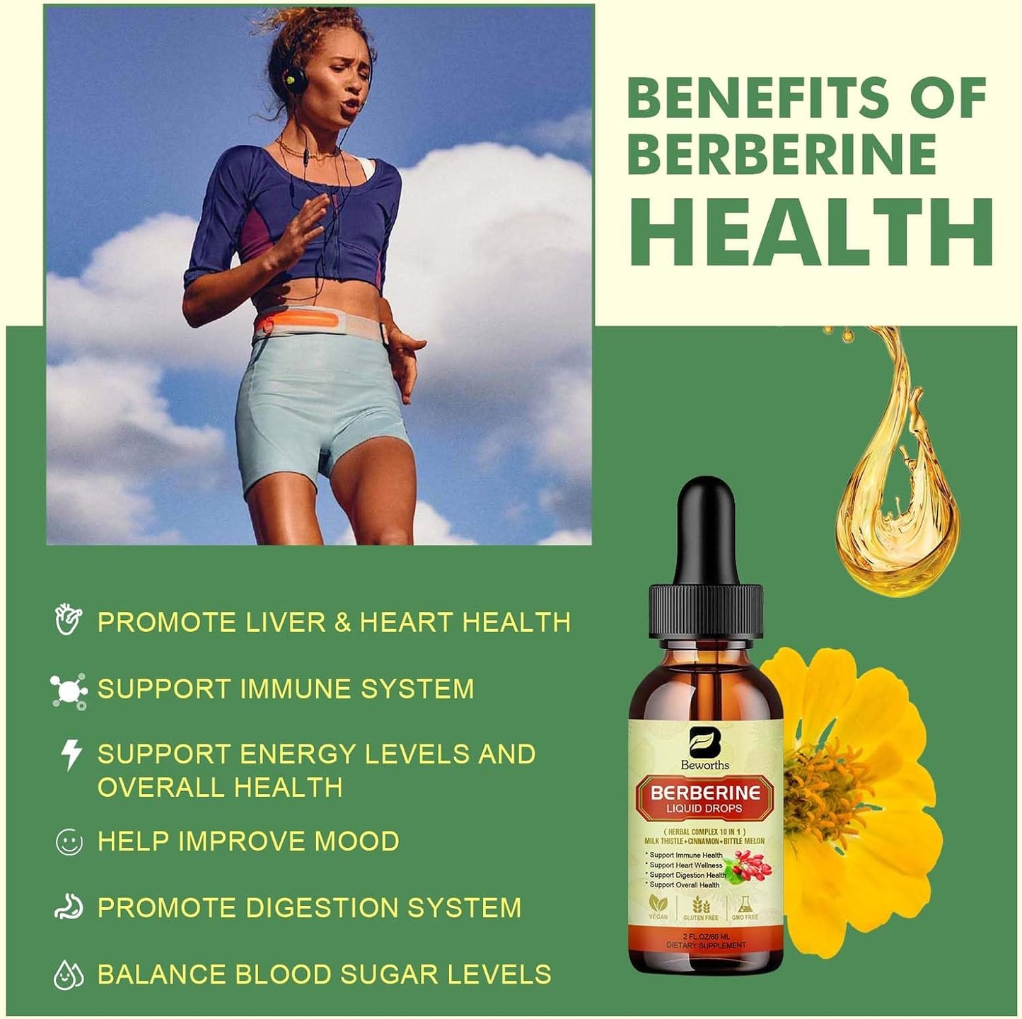 Premium Berberine Supplement - Berberine Liquid Drops with Turmeric, Bitter Melo