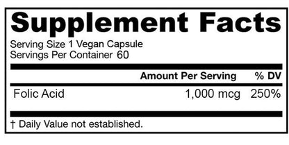 Two Packs Folic Acid (Vitamin B9) 1000 Mcg, 60 Capsules - Gluten Free & Non-Gmo