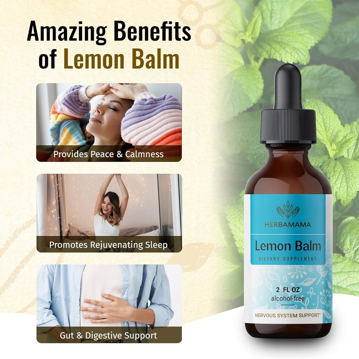 Lemon Balm Tincture - Organic Lemon Balm Herb Drops - Vegan, Alcohol-Free - 2 Fl